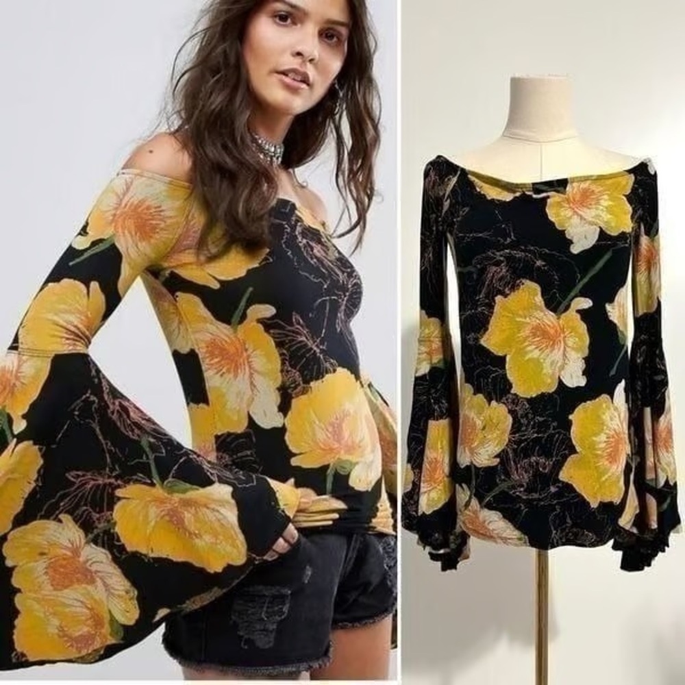 Free People Floral Off-Shoulder Bell Sleeve Top